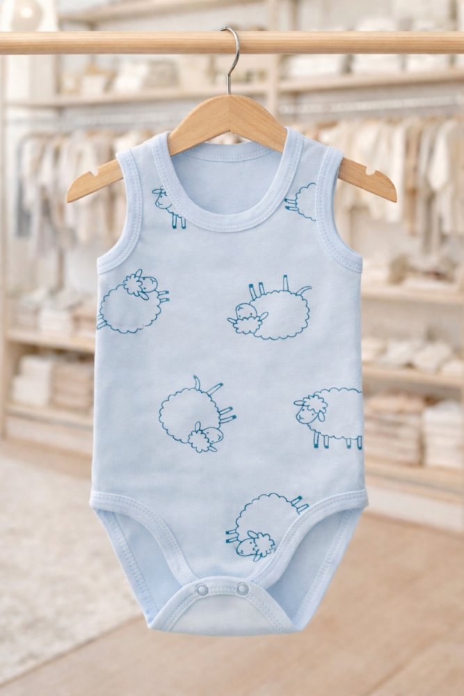%100 Pamuk Bebe Mavi Alttan Çıtçıtlı Sıfır Kol Kuzu Desenli Yenidoğan Bebek Zıbın 0-9 Ay