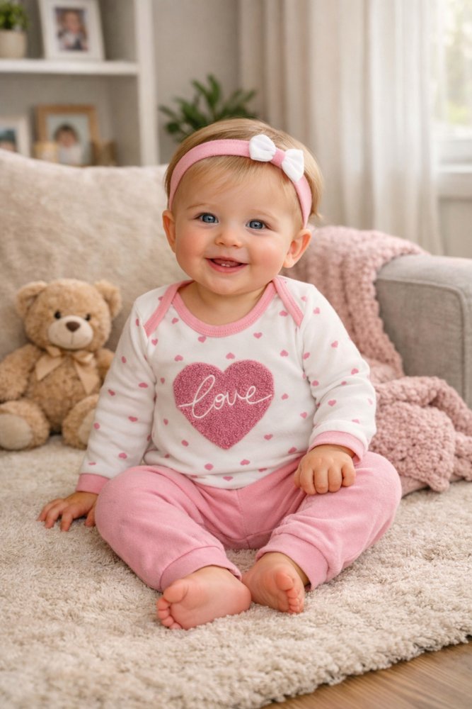 Kız Bebek Pembe Süzene Kalp Nakışlı 3'lü Takım Body-Pantolon-Bandana