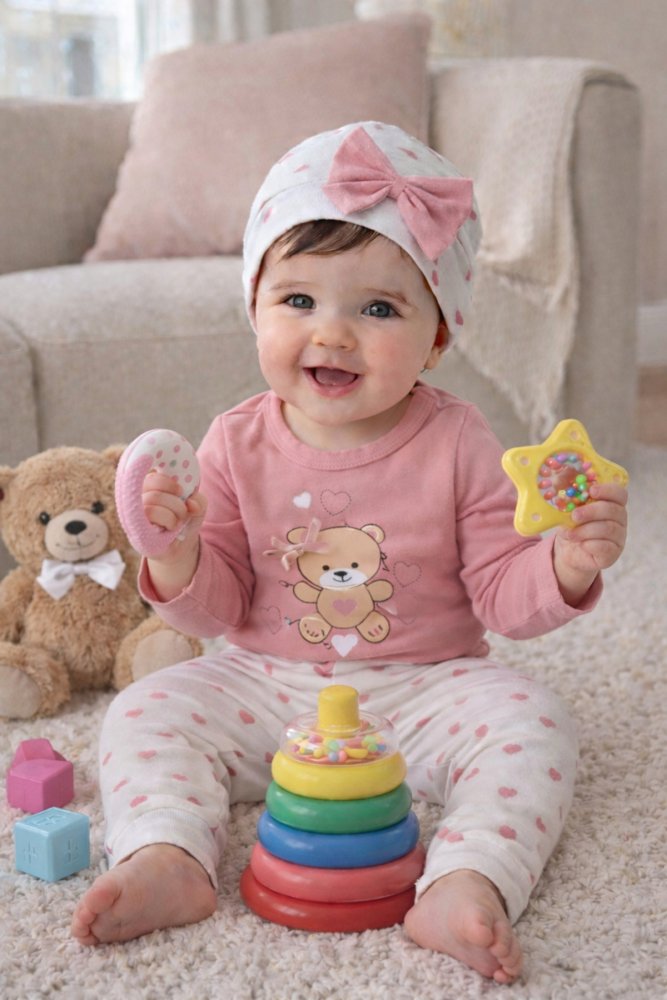 Kalpli Fiyonklu Ayıcık Kız Bebek Mevsimlik Pembe 3'lü Takım Body-Pantolon- Bere