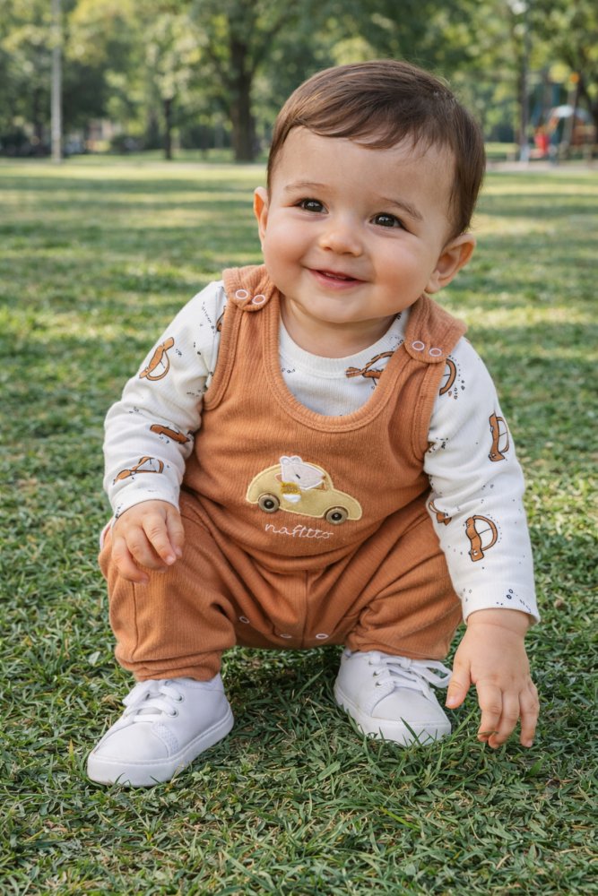 Erkek Bebek Nakışlı Arabalı Mavi 2'li Salopet Takımı