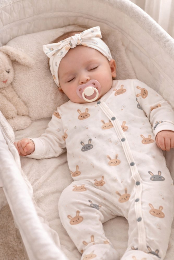 Organik Tavşan Figürlü Bandanalı Kız Bebek Patikli Yenidoğan Tulum